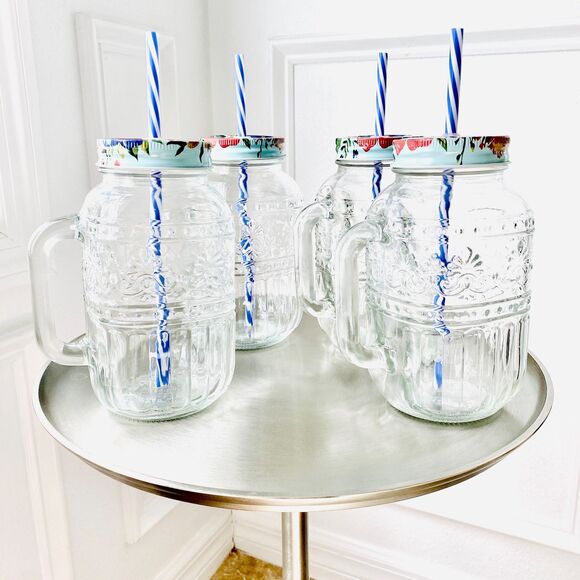 The Pioneer Woman Cassie 32 Oz Clear Glass Mason Jar Mug w/ Handle, Straw & Lid - Picture 3 of 13